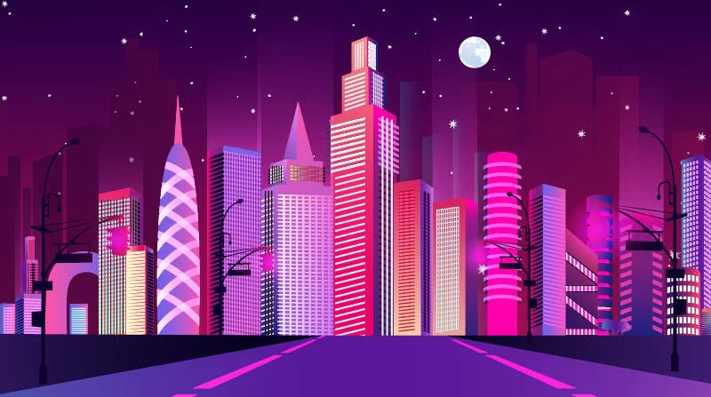 未来科技科幻霓虹灯渐变绚丽城市建筑夜景灯光插画AI/PSD设计素材100套【013】